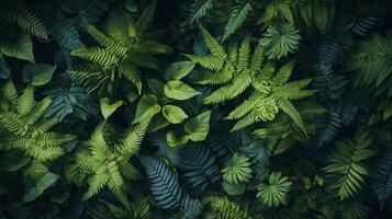 Pattern of overlapping fern fronds, tightly packed with rich, dark green hues, soft ambient light, natural forest vibe photo