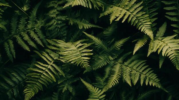 Dark, moody close-up of green ferns with intricate textures, minimal light, shadows playing across the leaves photo