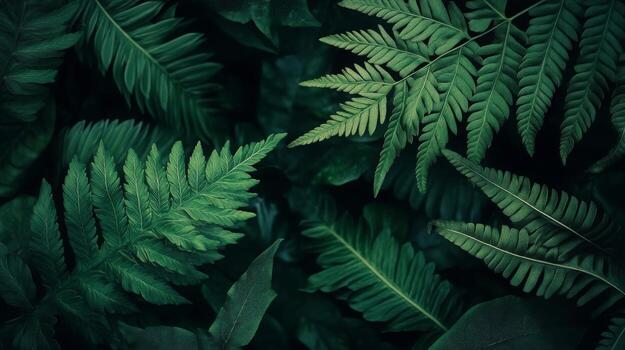 Dark, moody close-up of green ferns with intricate textures, minimal light, shadows playing across the leaves photo