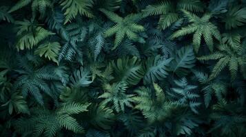 Dense arrangement of dark green ferns with intricate leaf patterns covering the entire frame, minimal light, rich shadows, natural forest setting photo