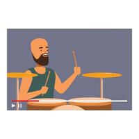 Smiling bearded drummer playing the drums during online music lesson vector