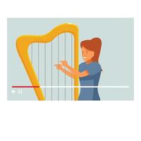 Woman musician is playing harp and recording video tutorial for her blog vector
