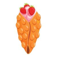 Delicious bubble waffle filled with cream and fresh strawberries vector