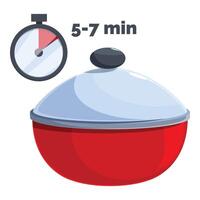 Cooking pot on fire with timer showing 5 7 minutes cooking time vector