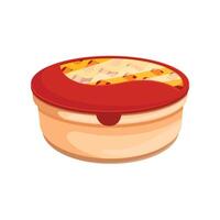 Round plastic container for food storage holding lasagna with cheese crust vector