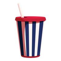 Striped paper cup with red lid and straw standing on white background vector