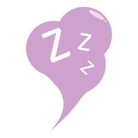 Purple cartoon speech bubble showing zzz text representing sleep vector