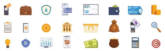 Global payment solutions icons set. Online banking and finance icons showing financial transactions and security vector