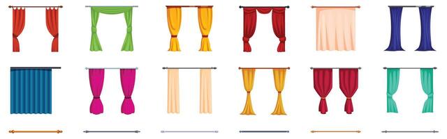 Cornice curtains icons set. Set of colorful curtains hanging on cornice home decor elements vector