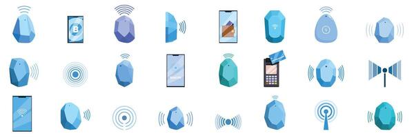 Beacon technology icons set. Bluetooth beacon set with various devices connecting and transmitting data vector