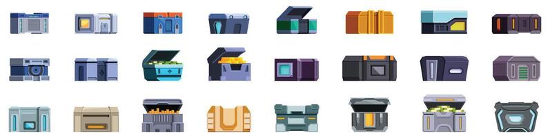 Sci fi boxes icons set. Set of futuristic chests for user interface design in video games vector
