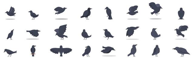 Crow icons set. Set of crows in different poses, flying, standing, looking around vector