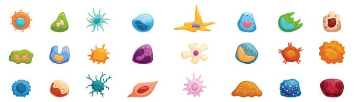 Immune system cells icons set. Set of various cells with different shapes and colors representing human biology vector