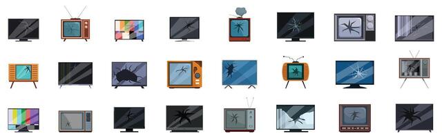 Broken tv icons set. Collection of broken tv showing different type of damage and failure vector