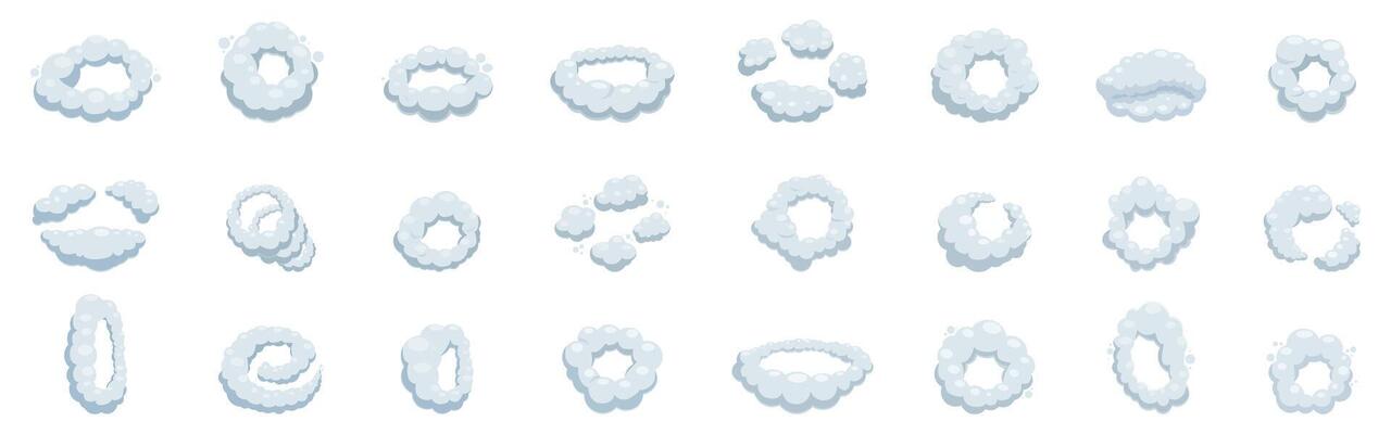 Smoke ring cloud icons set. Cartoon smoke explosion effect frames showing different movement stages