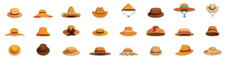Straw headwear icons set. Large set of different styles of hats representing various cultures and professions vector