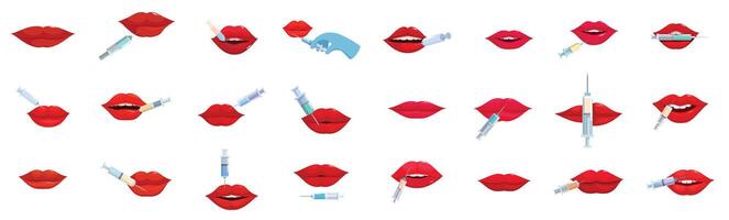 Lip injections icons set. Collection of red lips receiving injections for beauty enhancement vector