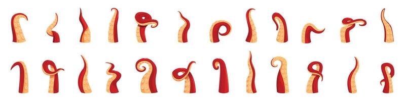Octopus tentacle icons set. Red octopus tentacles showing different poses vector