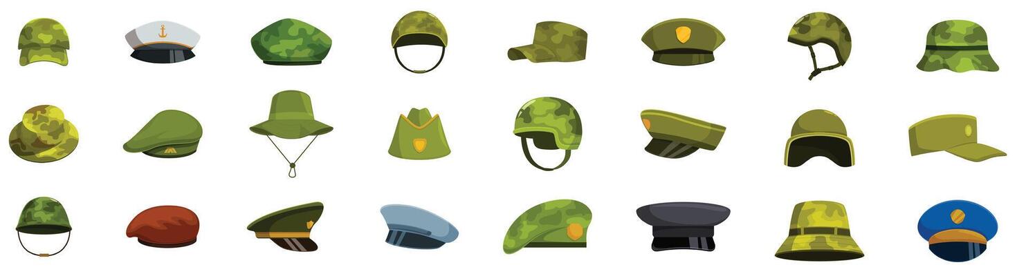Military caps icons set. Military and police headwear collection showing different styles and nationalities