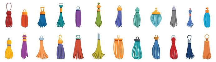 Tassel fringe icons set. Set of colorful tassels for fashion designing showing different shapes and styles vector