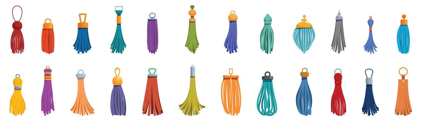 Tassel fringe icons set. Set of colorful tassels for fashion designing showing different shapes and styles