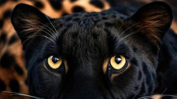 A stunning close-up photo of a black leopard eyes, showing its striking and captivating large eyes