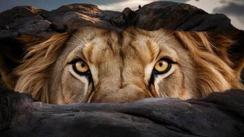 A close-up photo of a lion's striking eyes, capturing the essence of a majestic and powerful creature