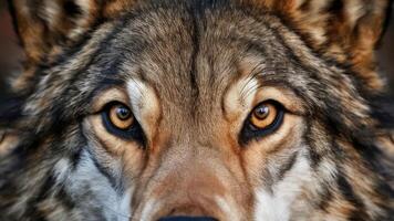 Very realistic close-up photo of the sharp eyes of a wild wolf