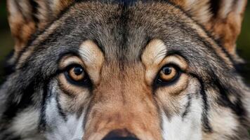 Very realistic close-up photo of the sharp eyes of a wild wolf