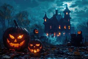tallado Jack-o'-lanterns antes de un obsesionado casa en un brumoso Víspera de Todos los Santos noche foto