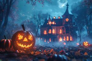 brillante Jack-o'-lantern en un brumoso bosque con un obsesionado casa en el antecedentes foto