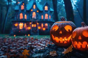 Illuminated Jack-o'-Lanterns with a Haunted House in the Background photo
