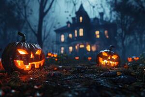 iluminado Jack-o'-lantern en frente de un obsesionado casa foto