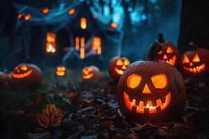 Glowing Jack-o'-Lantern in a Dark Forest Setting with a Haunted House in the Background photo