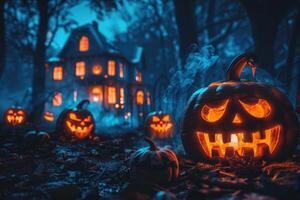 brillante Jack-o'-lantern en un oscuro bosque con un obsesionado casa en el antecedentes foto