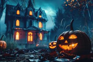 Lit Jack-O'-Lantern in Front of a Haunted House at Night photo