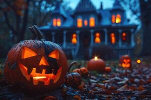 Illuminated Jack-o'-Lantern with a Haunting House in the Background photo