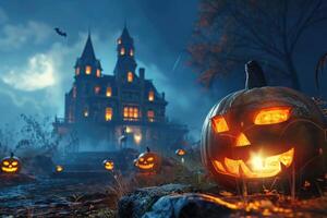 un tallado Jack-o'-lantern brillante en el primer plano de un obsesionado casa en un brumoso Víspera de Todos los Santos noche foto