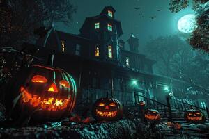 Jack-o'-lanterns Glowing on a Spooky Halloween Night in Front of a Haunted Mansion photo