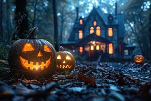 Illuminated Jack-o'-Lanterns in a Haunted Forest with a Creepy House in the Background photo