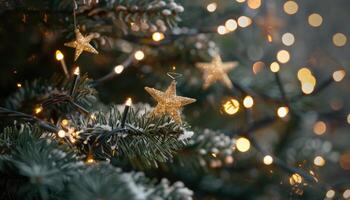 A Close-up of a Sparkling Gold Star Ornament on a Christmas Tree Branch with Twinkling Lights photo