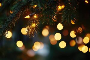 Close-up of a pine branch with string lights and bokeh lights in the background photo
