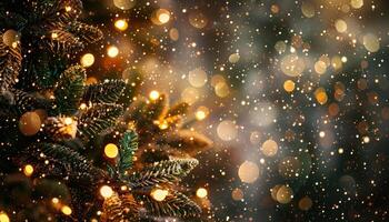 A Festive Christmas Tree Branch with Golden Lights and Bokeh Effect photo