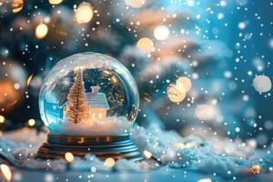 A Snow Globe with a Winter Village Scene, Surrounded by Sparkling Lights and Falling Snow photo