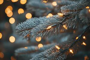 Close-up of Christmas Lights on a Pine Branch with Bokeh Background photo