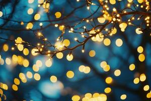 Twinkling fairy lights on a branch with a blurred blue background photo