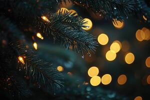 Evergreen Branch with Raindrops and String Lights photo