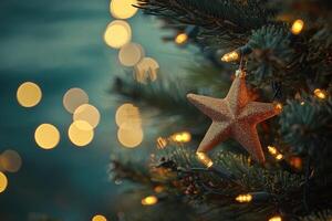 A Close-Up of a Gold Glittery Star Ornament on a Christmas Tree Branch with String Lights and Bokeh photo