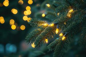 Evergreen Tree Branch Adorned with Warm String Lights photo