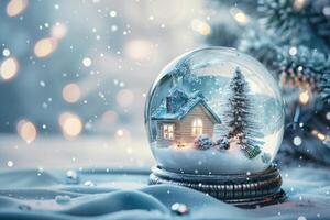 Snow Globe with Miniature House and Pine Tree in a Snowy Winter Scene photo